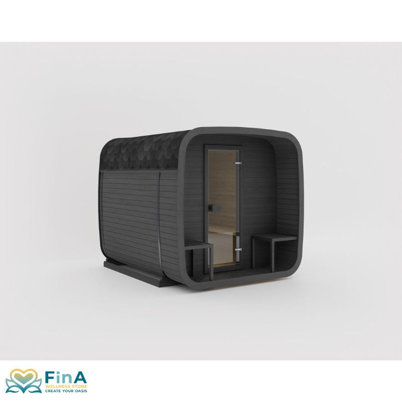Exterior view of the Celsium Ula Large sauna in black with covered vestibule and glass entrance door